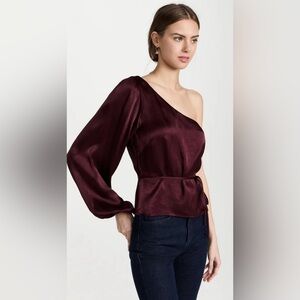 New MinkPink Nador One Shoulder Top Wine Red balloon sleeve